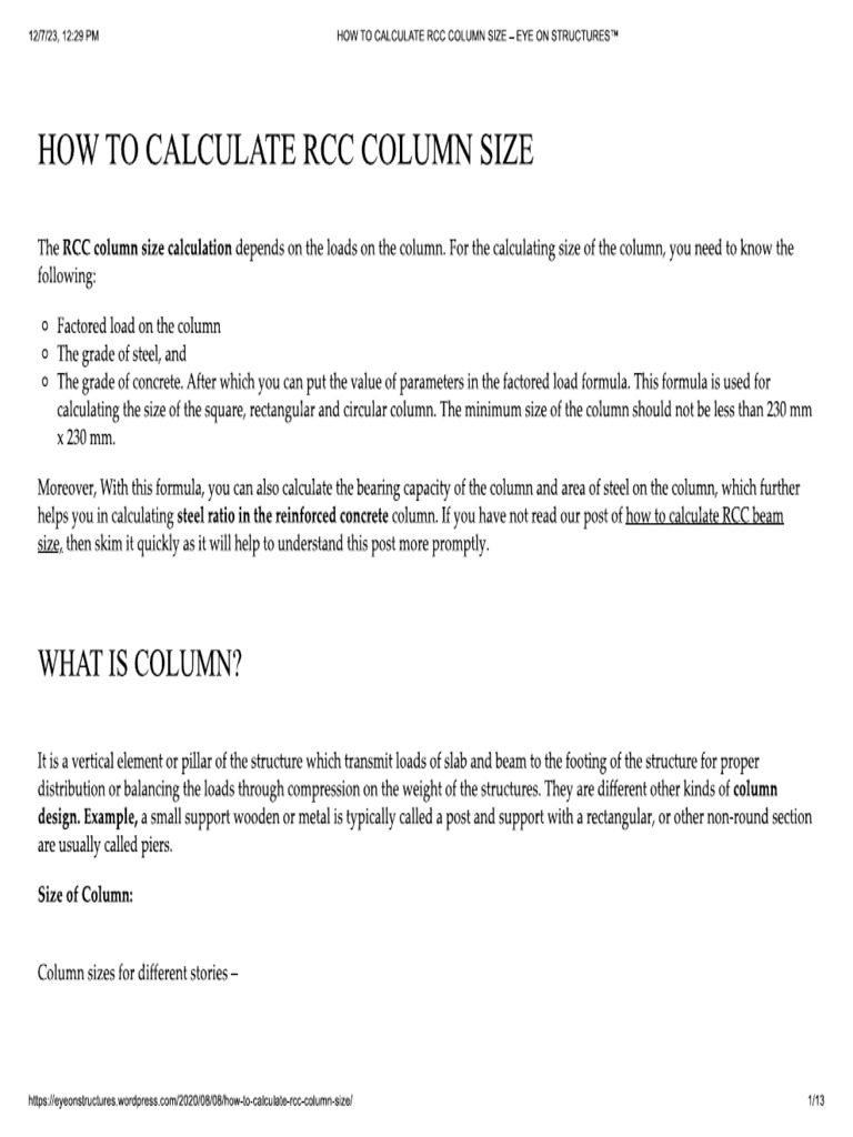 How to calculate rcc column size eye on structures pdf