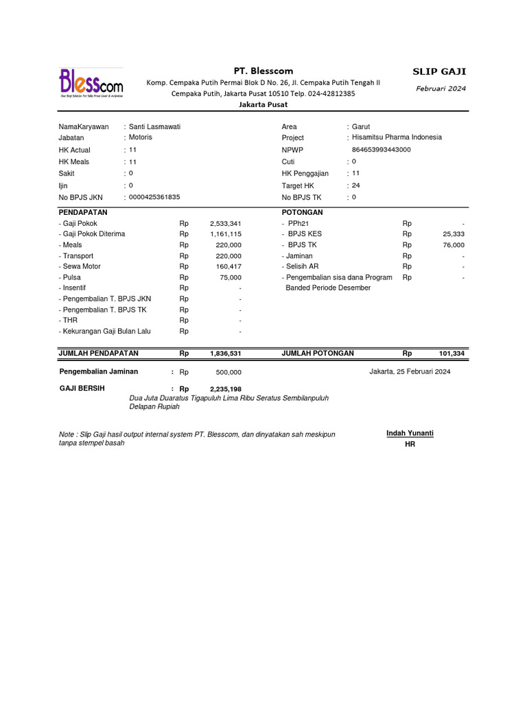 Slip Gaji Karyawan PT. Blesscom Februari 2024 | PDF