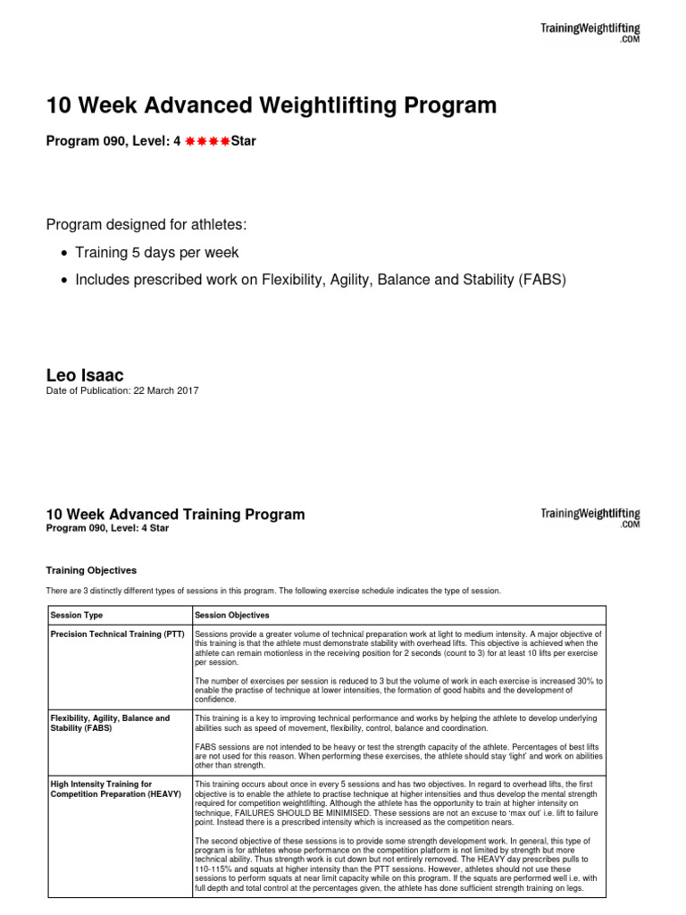 10-Week Advanced Weightlifting Plan | PDF | Weight Training | Physical ...