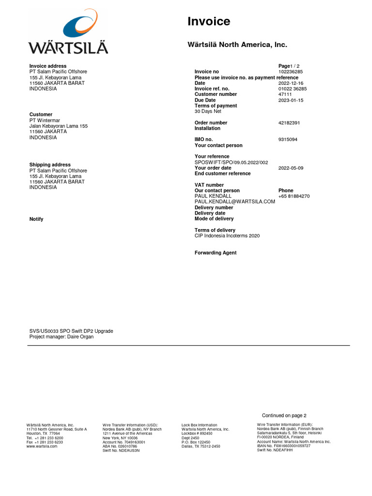 SPO Swift Invoice for DP2 Upgrade | PDF | Wire Transfer | Invoice