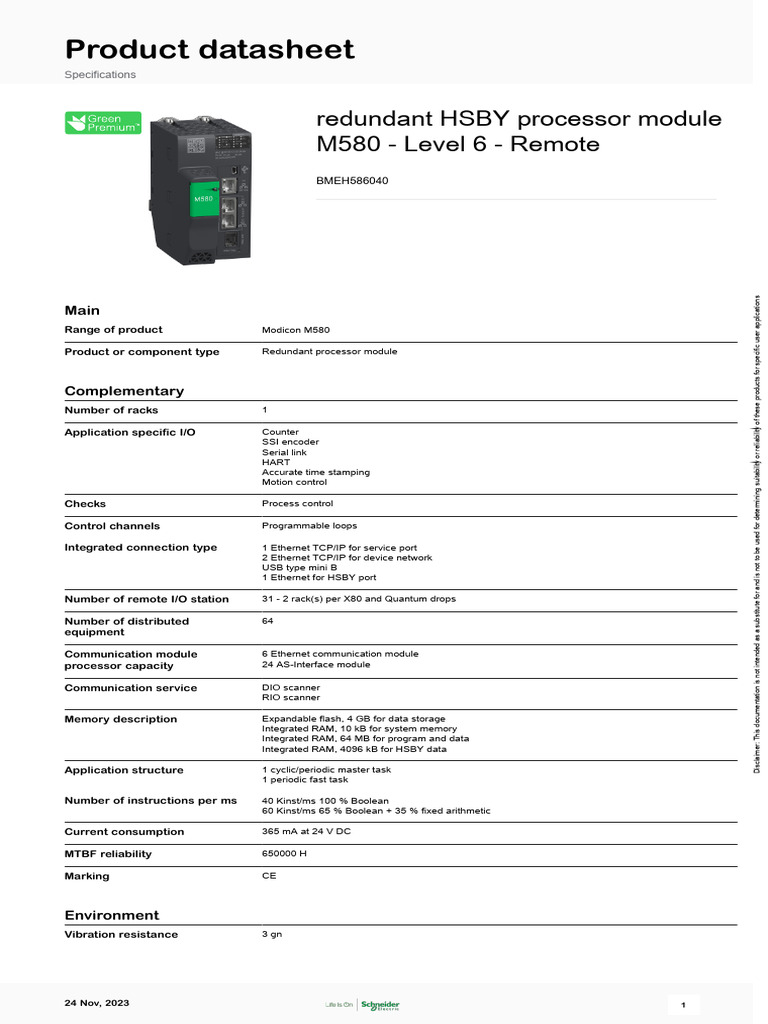 Modicon M580 Redundant Processor Datasheet | PDF | Programmable Logic ...