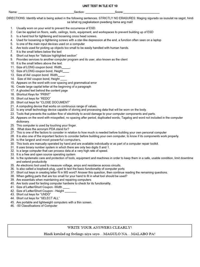 ICT 10 Unit Test on Computer Tools | PDF | Computing | Computer Science