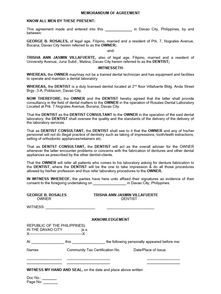 MEMORANDUM OF AGREEMENT (Dentist) PDF Dentistry Dentist