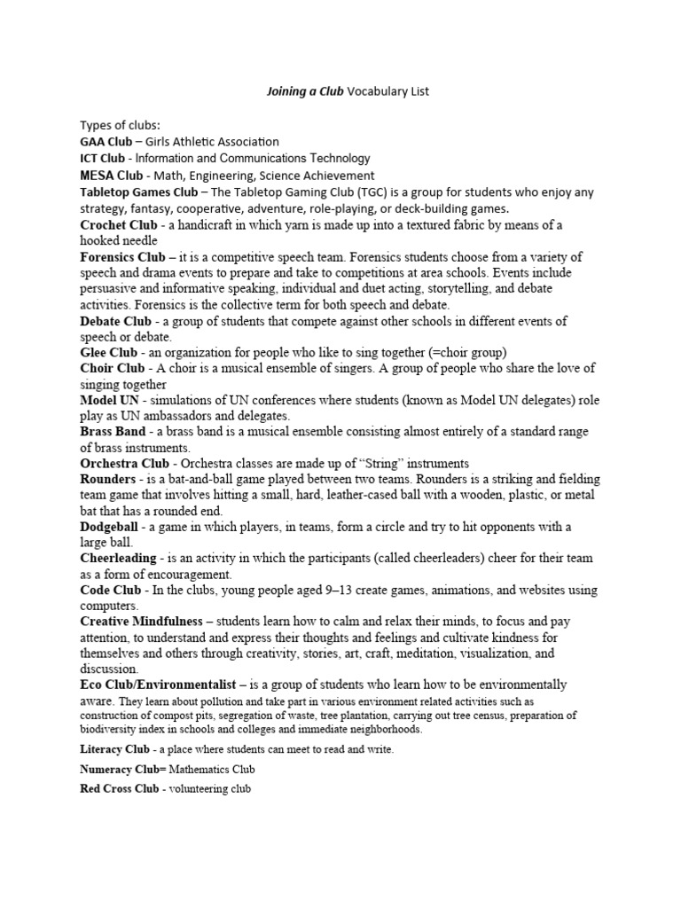 Joining A Club Vocabulary List | PDF | Public Speaking