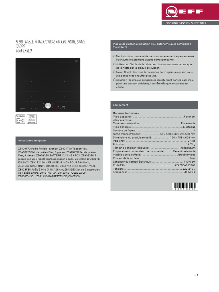 Table Cuisson Neff T66FTX4L0 | PDF
