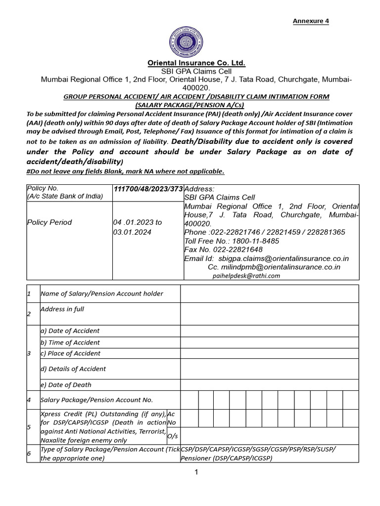 SBI PAI Claim Intimation Form | PDF | Cheque | Insurance