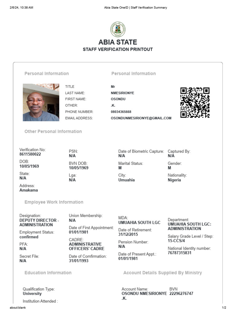 Abia State Staff Verification Summary | PDF