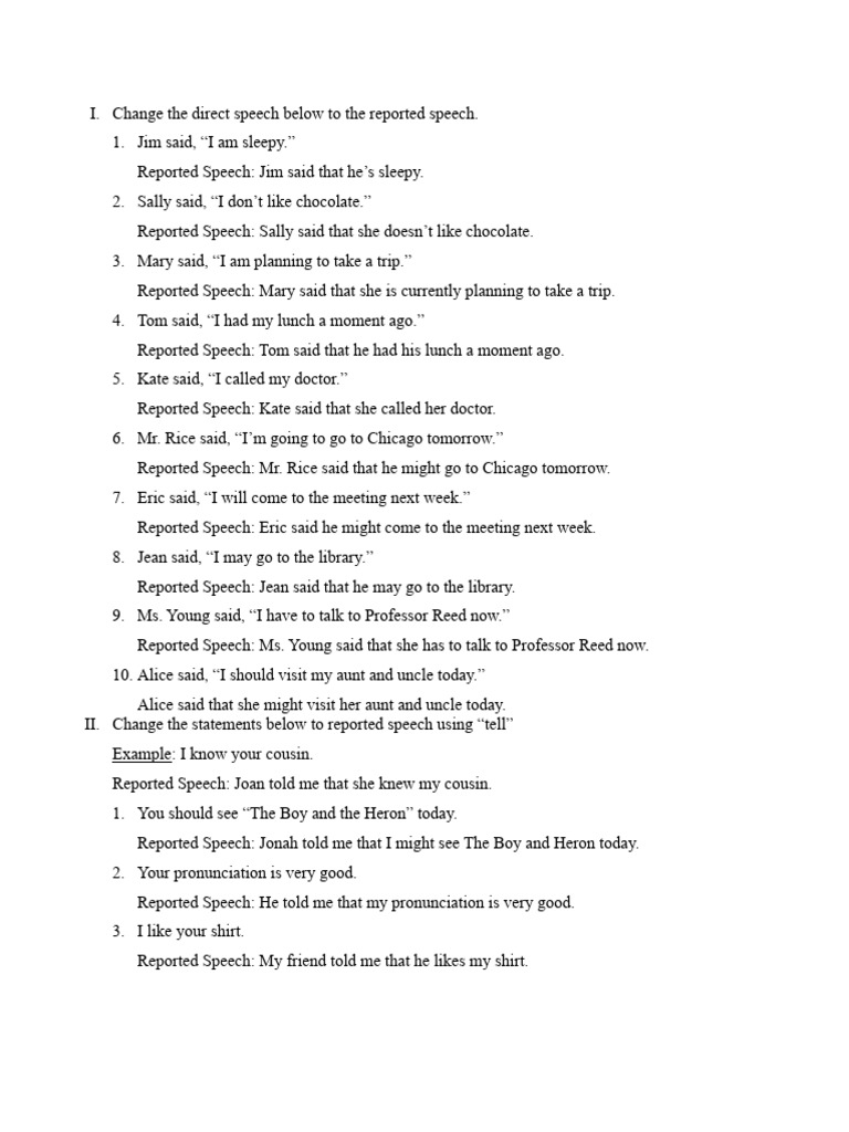 Direct and Reported Speech Exercises | PDF