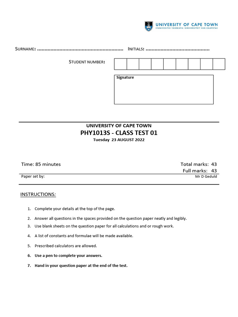 Class Test 1 - 1013S 2022 Rev 2 | PDF