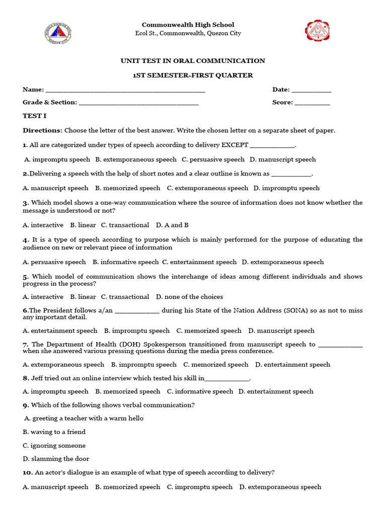 G11-1ST Quarter Unit Test | PDF | Communication | Human Communication