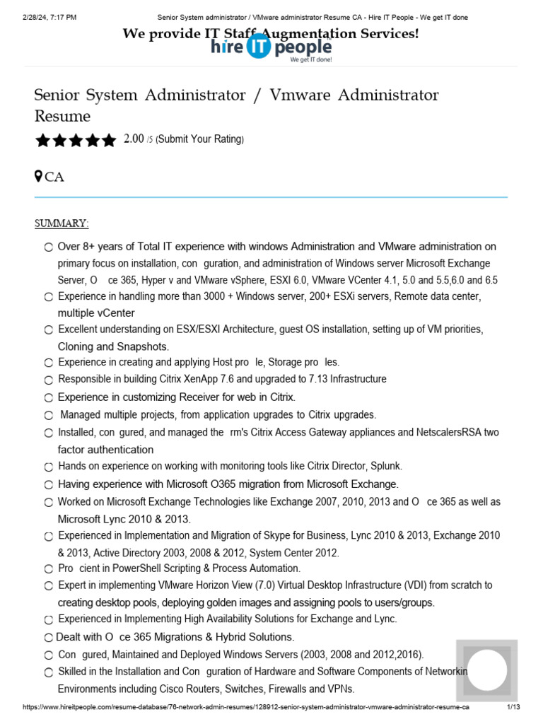 Senior VMware System Administrator Resume | PDF | V Mware | Active ...