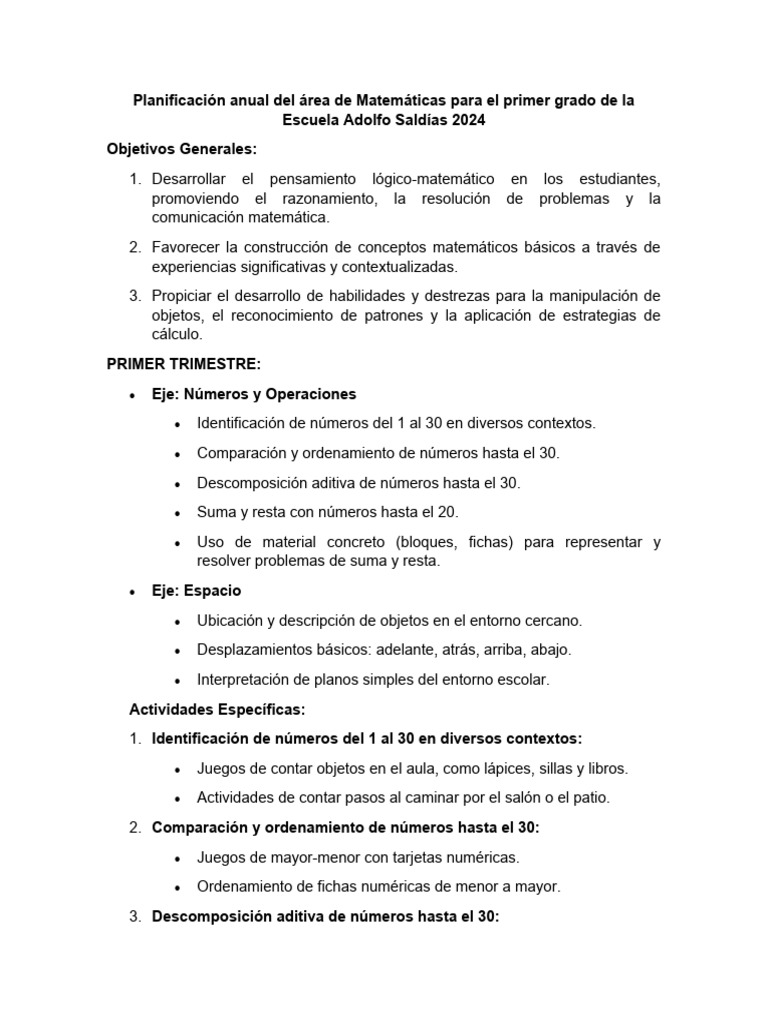Plan Matemático 1er Grado 2024 | PDF
