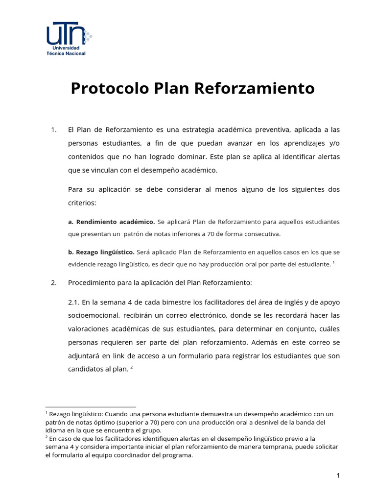 Protocolo Plan Reforzamiento | PDF | Crecimiento personal y profesional ...