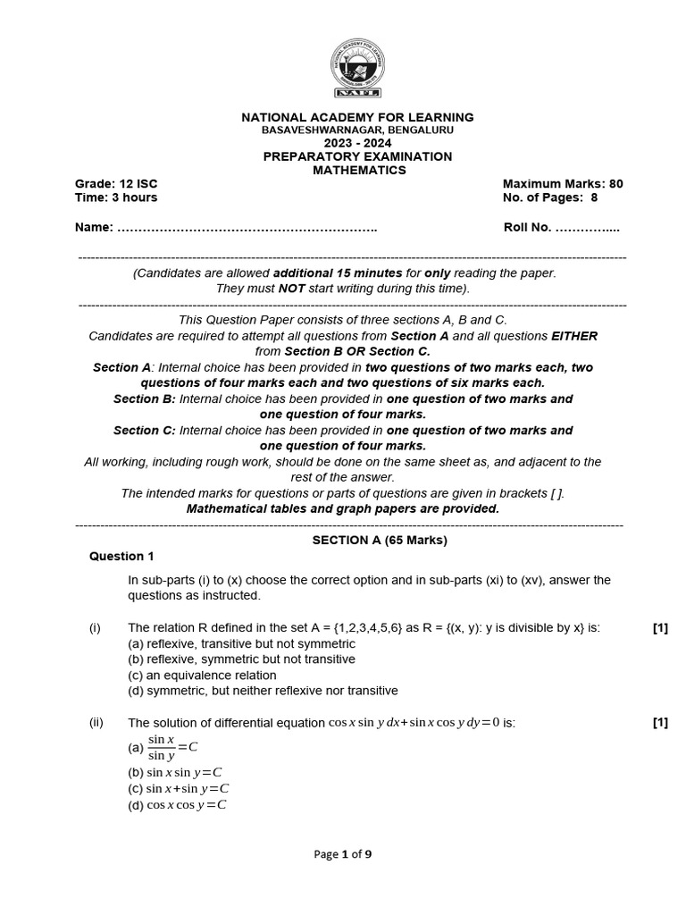 12 ISC-Math-Prep-QP | PDF