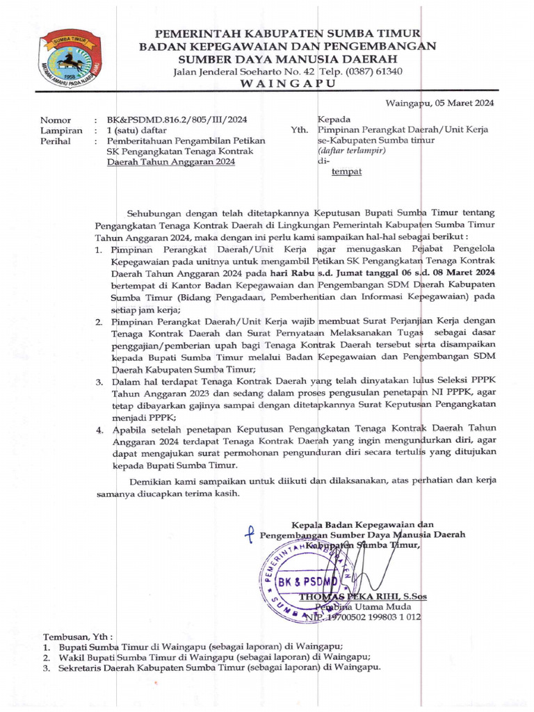 Pemberitahuan Pengambilan SK PTT Daerah Ta24 | PDF
