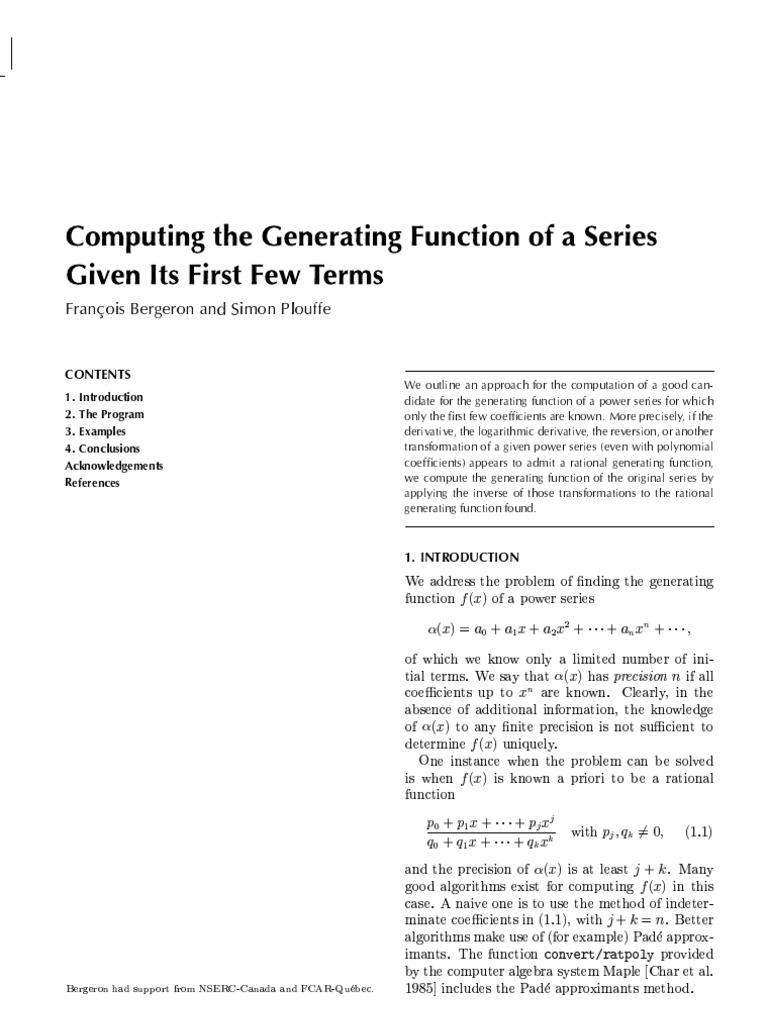 Computing The Generating Function of A Series Given Its First Few Terms ...