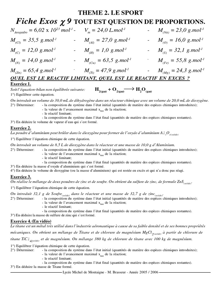 Exercices sur les Réactions Chimiques | PDF | Sulfure | Composés chimiques