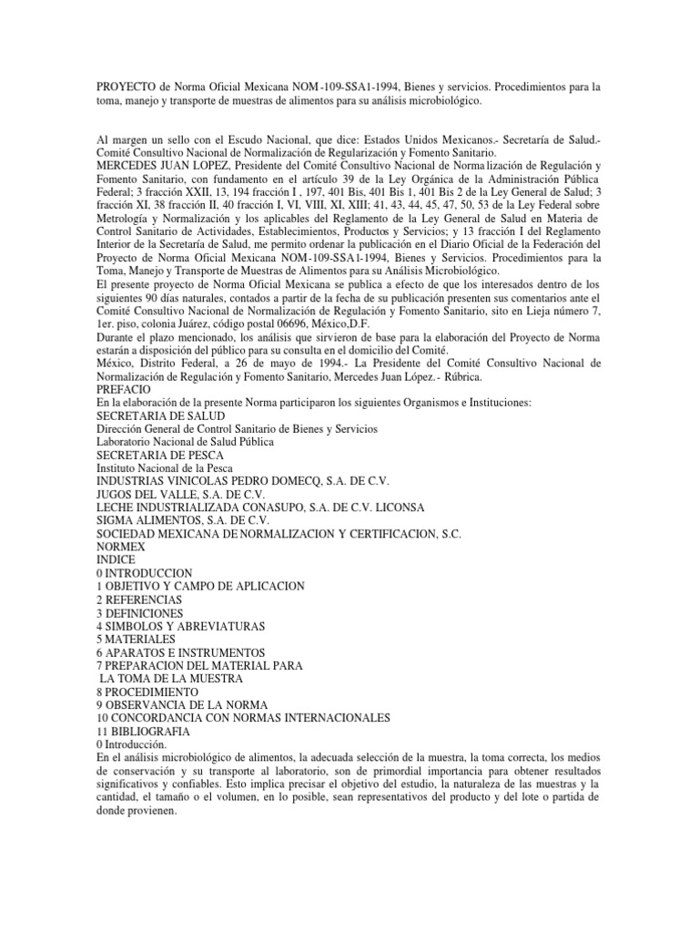 NOM 109SSA11994 Alimentos México