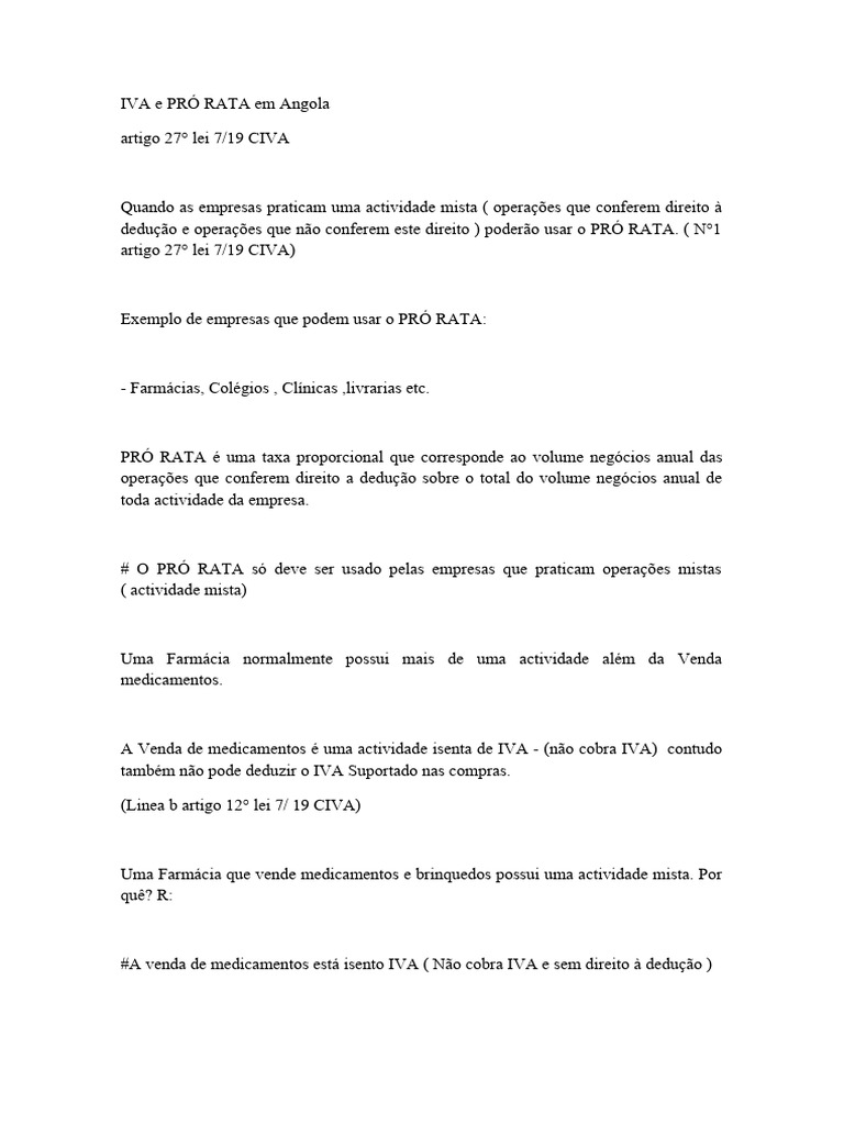 IVA e Pró Rata em Angola: Cálculos e Regras | PDF | Imposto sobre Valor ...