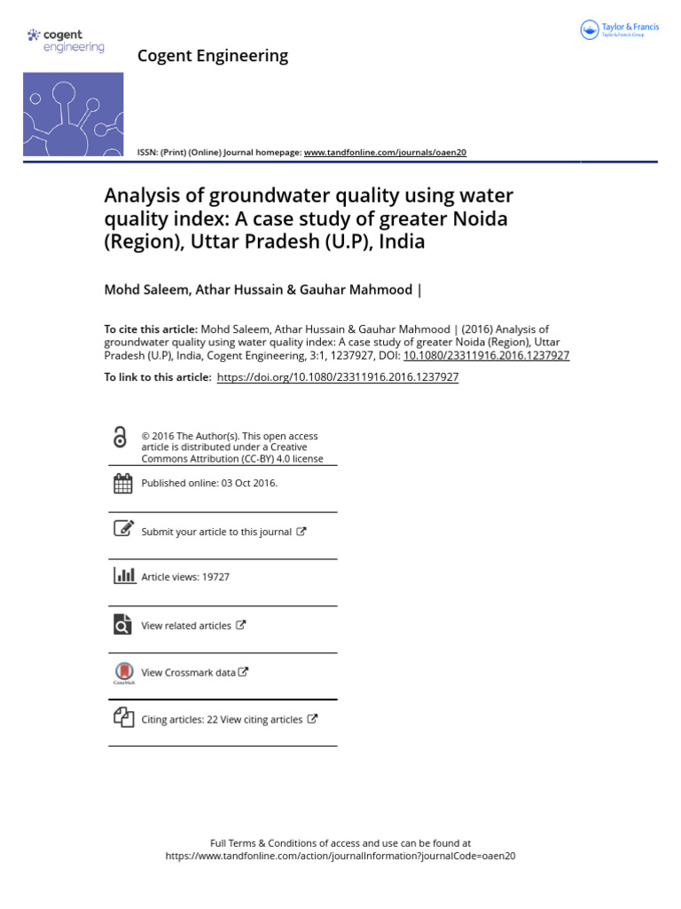 Analysis of Groundwater Quality Using Water Quality Index A Case Study ...