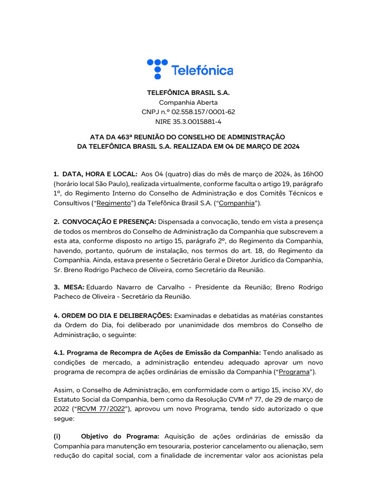 Ata da 463ª Reunião da Telefônica Brasil | PDF | Bolsa de valores ...