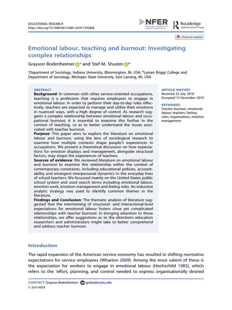 Emotional Labour and Teacher Burnout | PDF | Teachers | Occupational ...