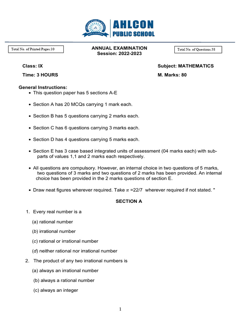 Pdf Maths Class 9 Annual Exam Ques Paper Pdf Numbers Mathematical