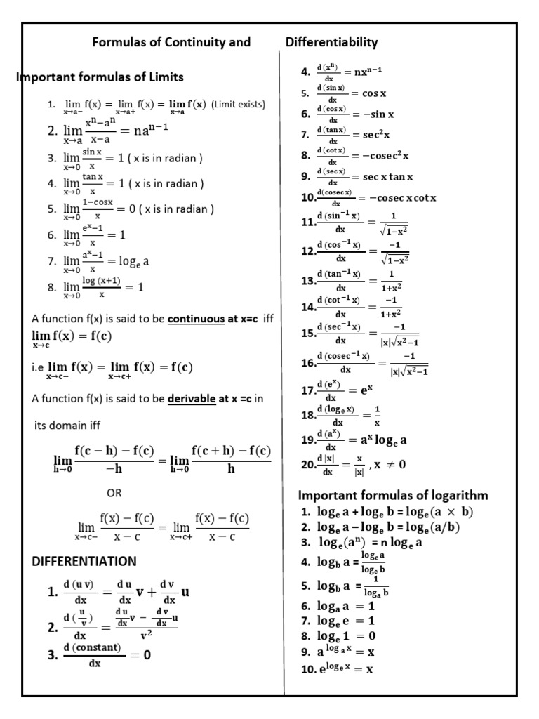 Formulas of Continuity and Differentiability | PDF
