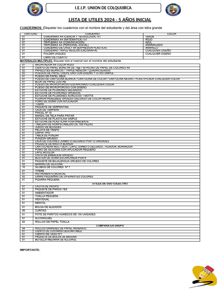 Lista de Utiles 5 Años | PDF