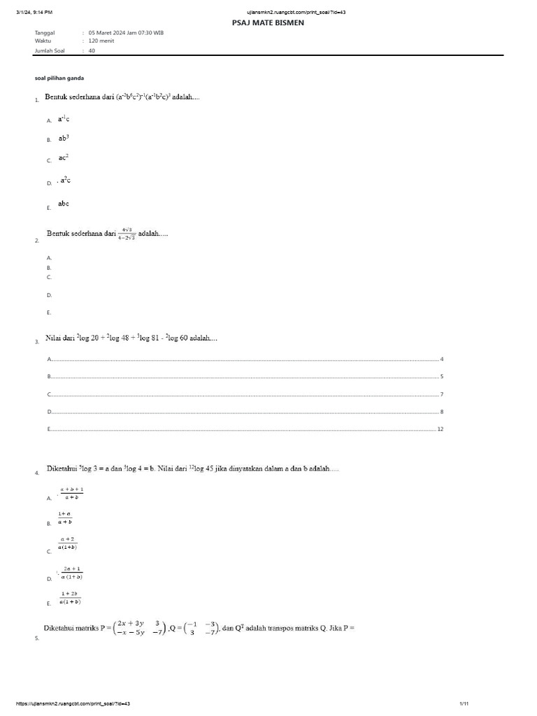 40 Soal Pilihan Ganda Matematika | PDF