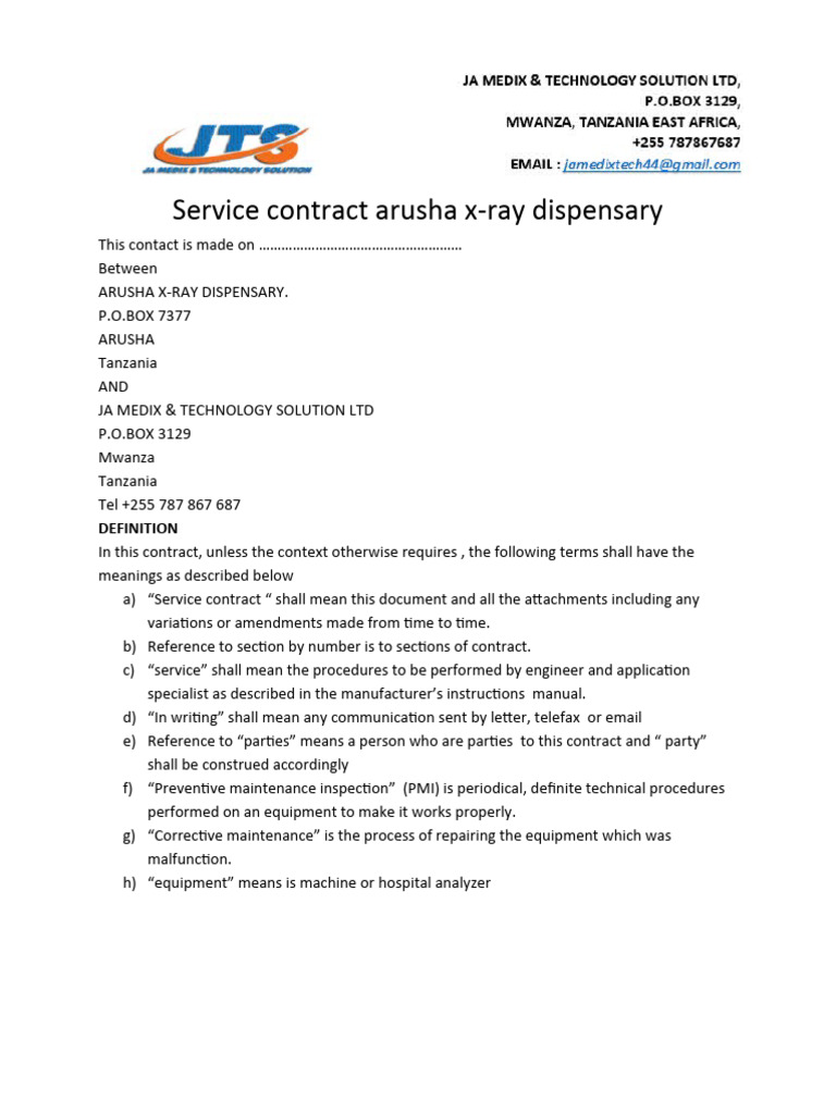 Service Contract for Arusha X-Ray Dispensary | PDF | Technology ...