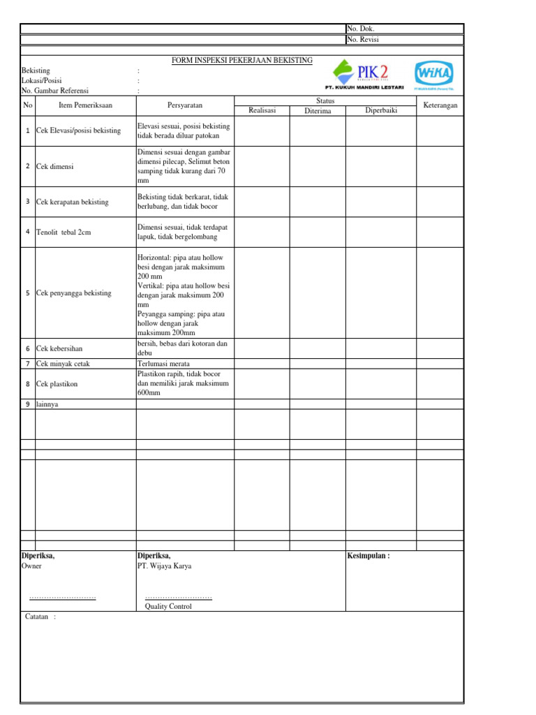 Form Inspeksi Bekisting dan Pembesian | PDF