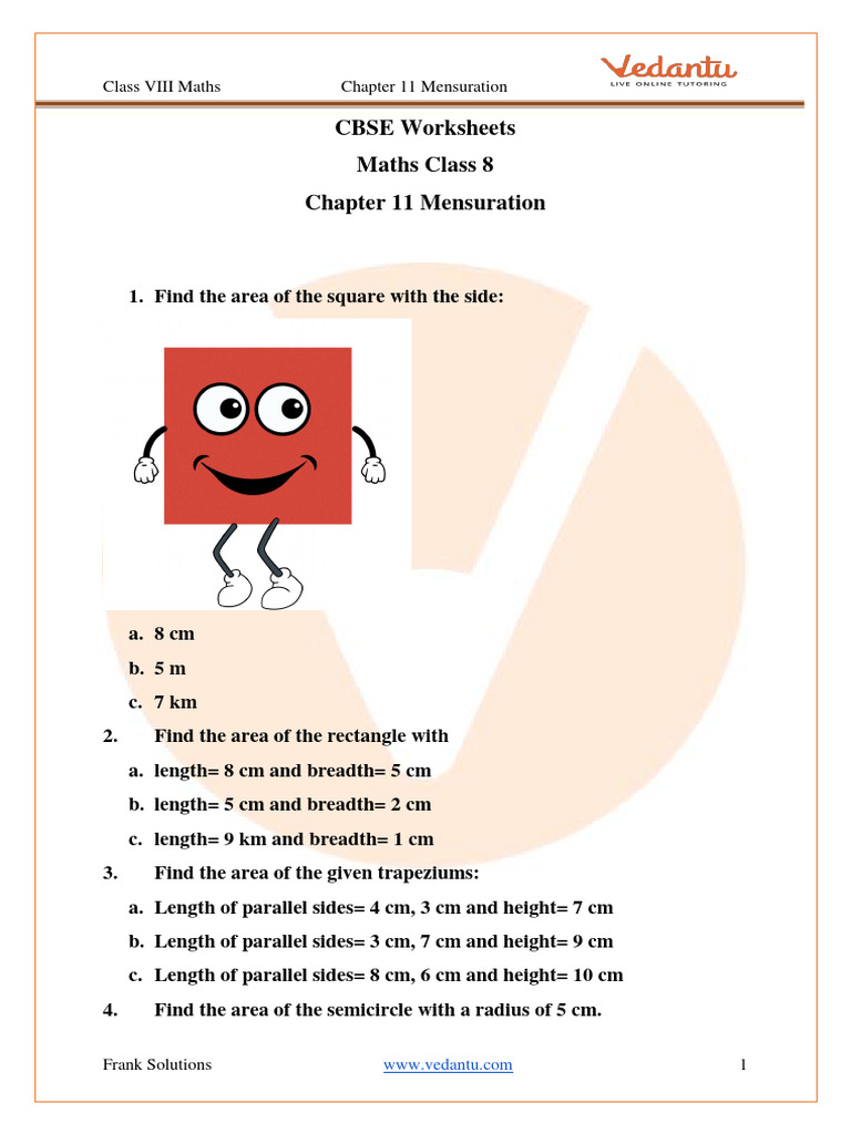 Class 8 Maths Mensuration Worksheets PDF Area Length