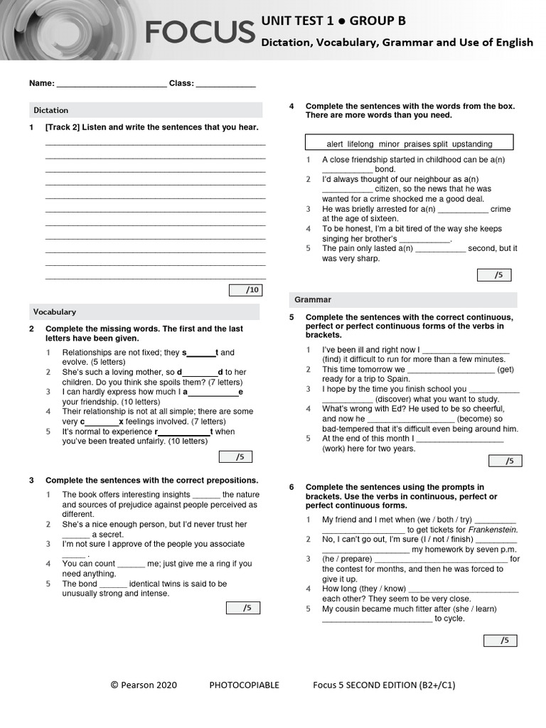 Focus5 2E Unit Test Unit1 Dictation Vocabulary Grammar UoE GroupB | PDF