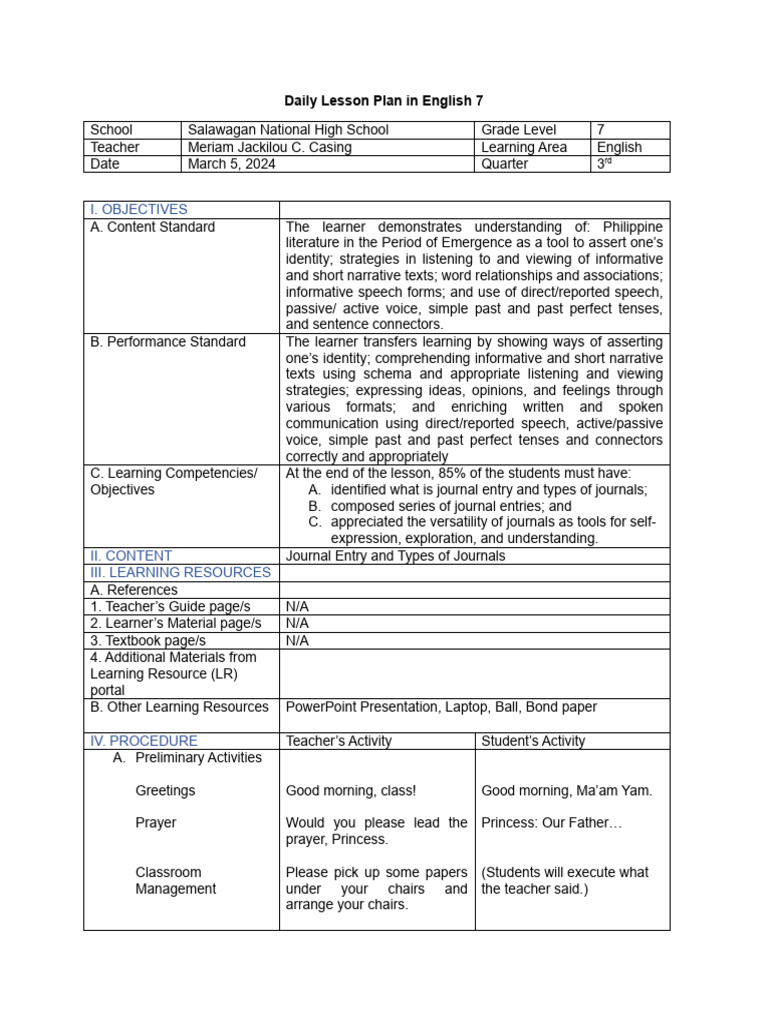LESSON PLAN - JOURNAL ENTRY AND TYPES OF JOURNAL | PDF | Experience ...