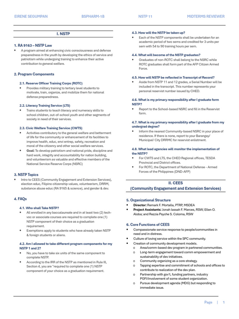 NSTP Midterms Reviewer Guide | PDF