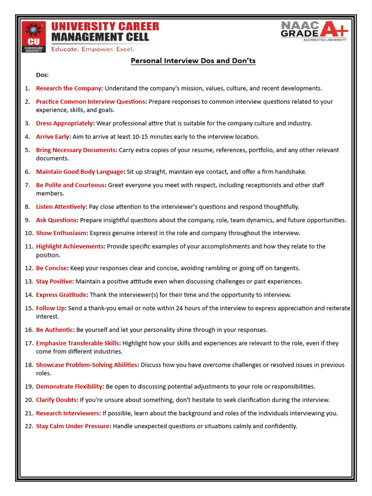 Personal Interview Tips: Dos and Don'ts | PDF | Career & Growth