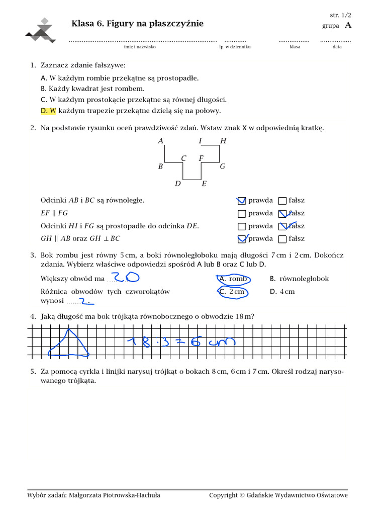 Matematyka Figury Na Płaszczyźnie Sprawdzian KL.6 sPRAWDZIAN fIGURY NA PŁASZCZYŹNIE-questions PDF | PDF