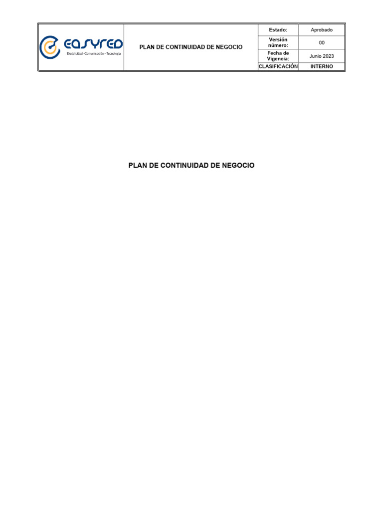 Ejemplo de Plan de Continuidad de Negocio | PDF