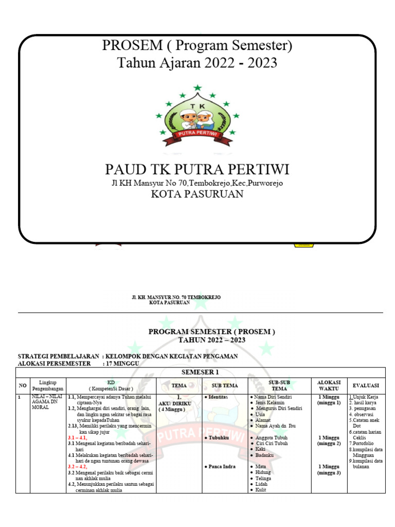 Prosem TK Putra Pertiwi 2022-2023 | PDF | Karier & Perkembangan