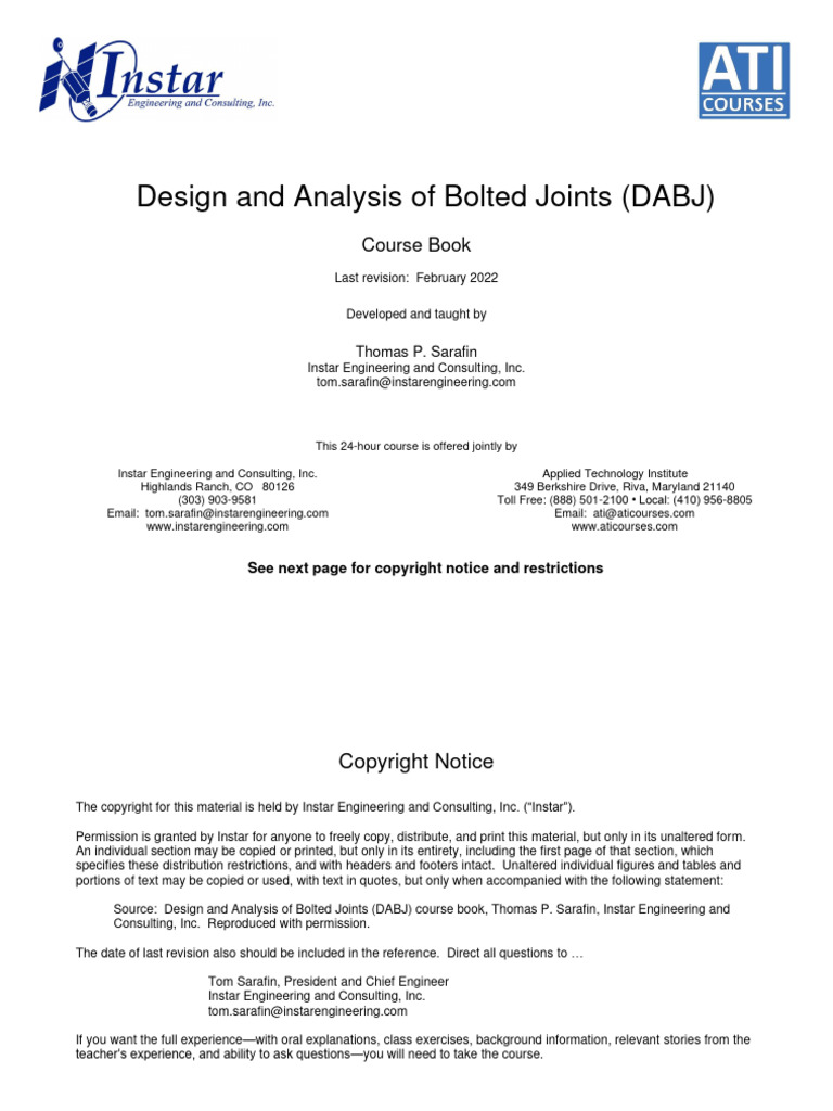 Design and Analysis of Bolted Joints DABJ Course Book Feb2022 | PDF ...