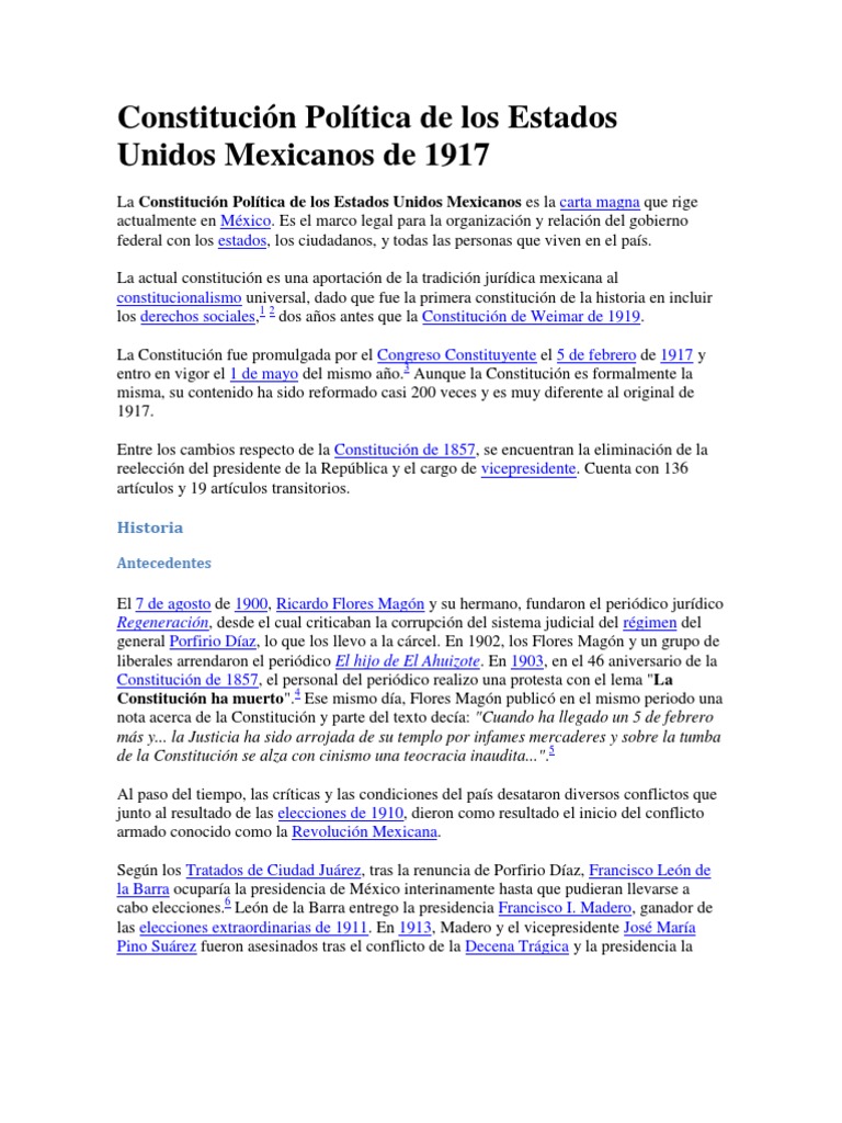 Constitución Política de Los Estados Unidos Mexicanos de 1917 | PDF ...