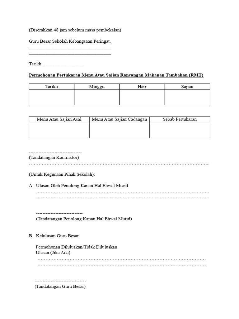 Borang Pertukaran Menu RMT | PDF