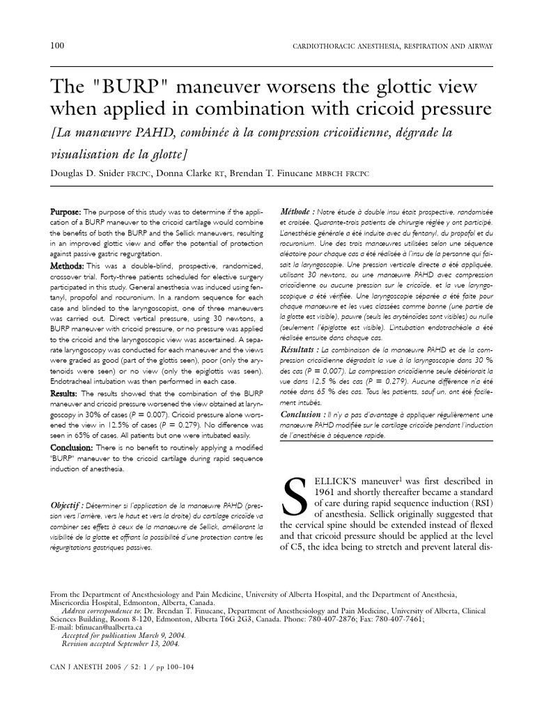 Impact de la manœuvre BURP sur l'intubation | PDF | Médecine de soins ...