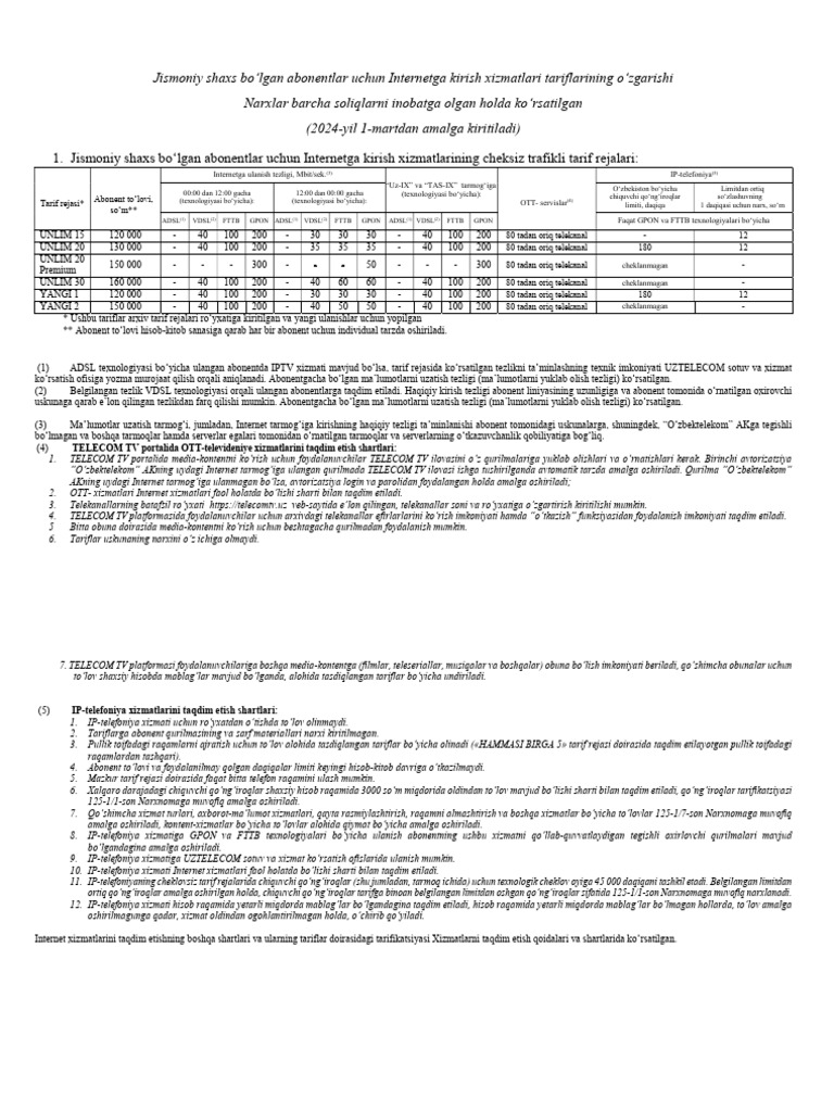 Тарифы УЗБ. | PDF