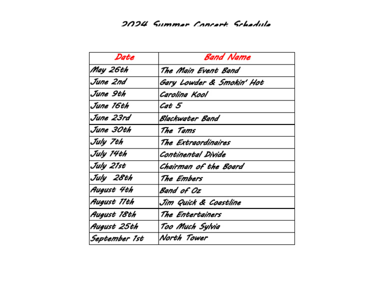 Summer Concert Schedule 2024 PDF