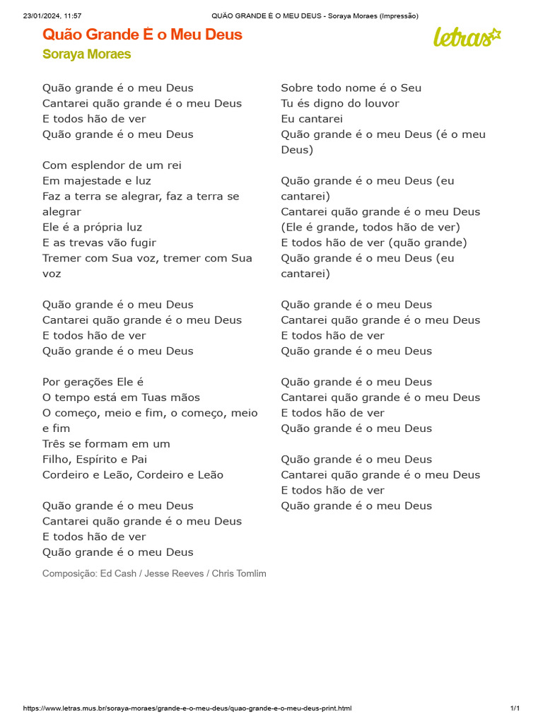Quão Grande É o Meu Deus - Letra | PDF | Teologia | Deus