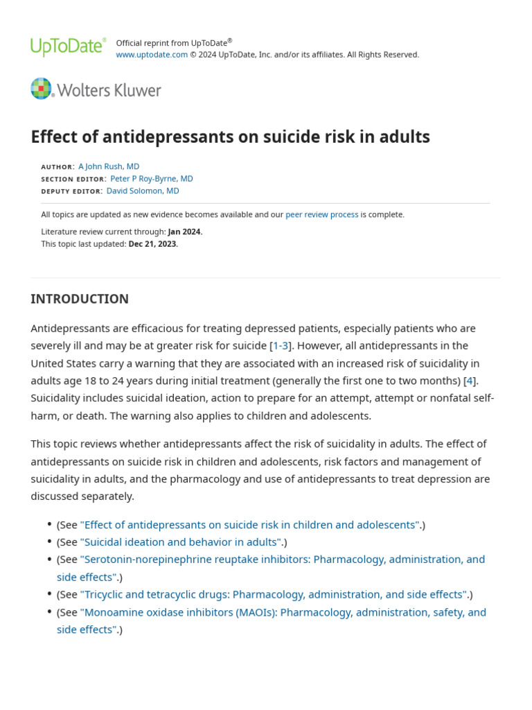 Effect of Antidepressants On Suicide Risk in Adults - UpToDate | PDF ...