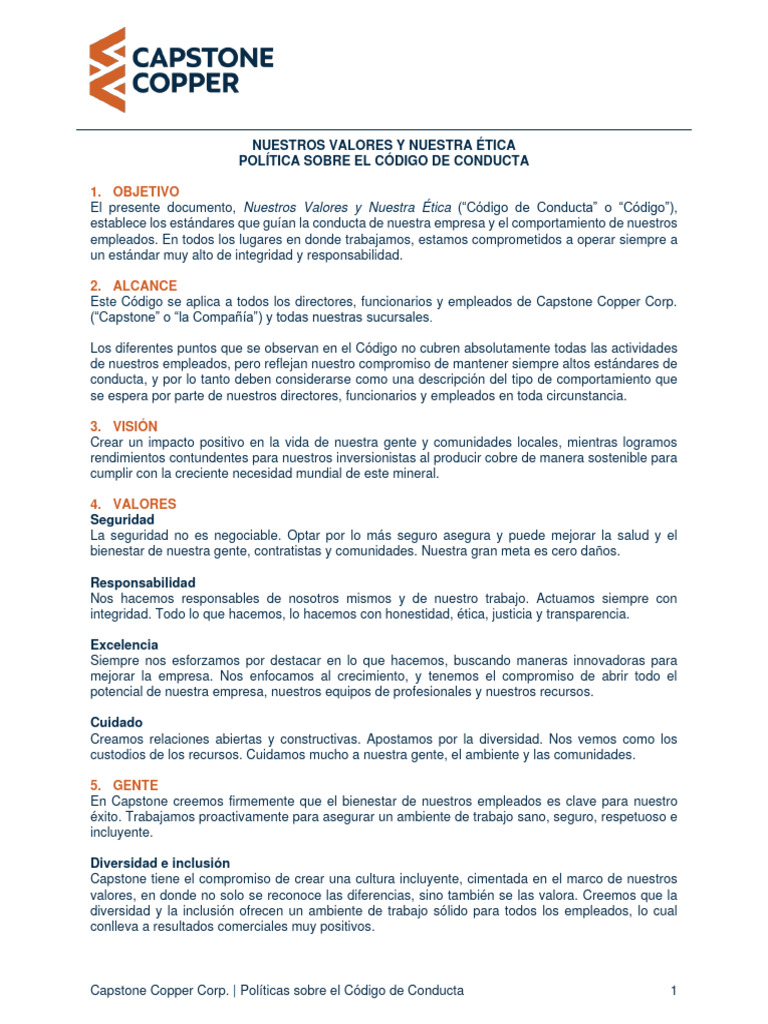 Código de Conducta de Capstone Copper | PDF | Contabilidad | Valores