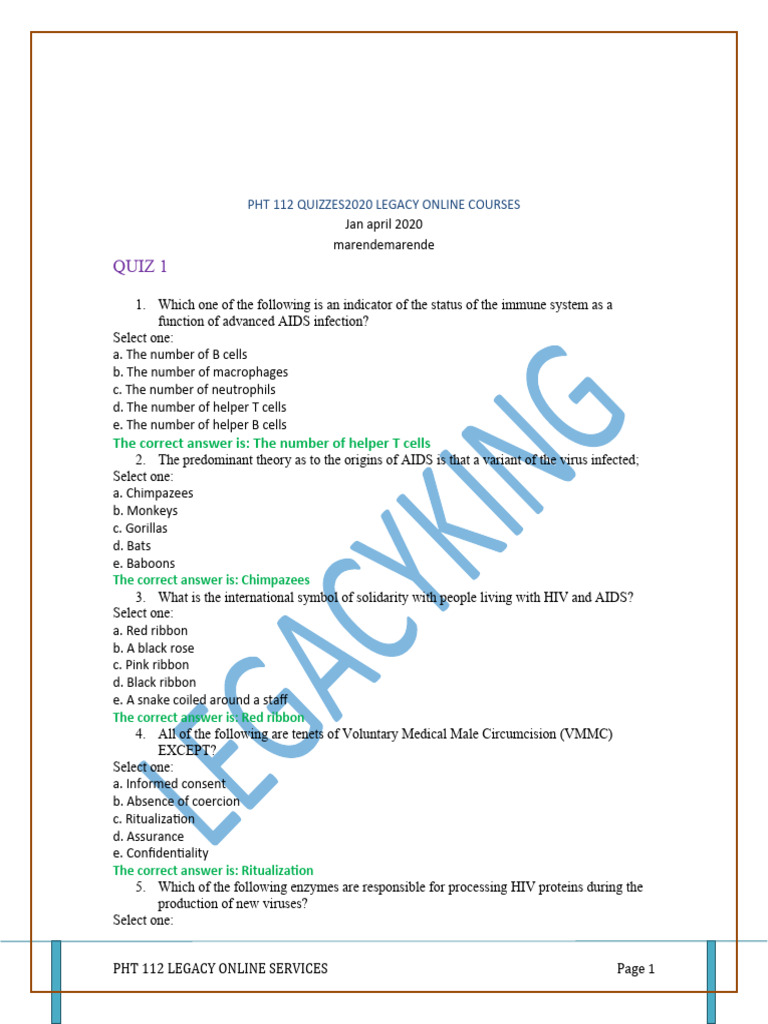 PHT 112 TOPIC QUIZ & ANSWERS COMPLETE PDF Hiv/Aids Management Of Hiv/Aids